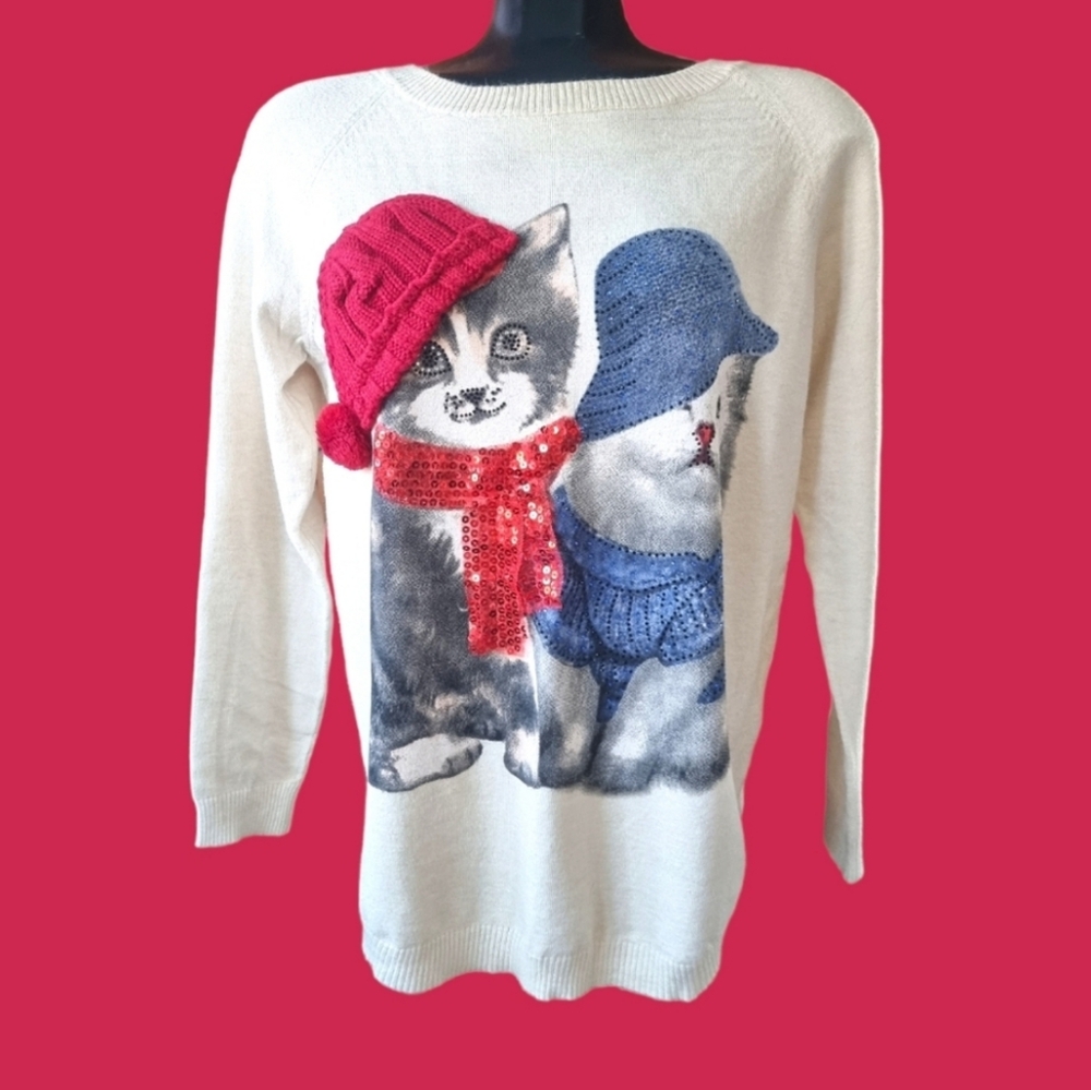 Ness Adorable Cat Sweater with Knit Hat and Sparkles Ladies Size M